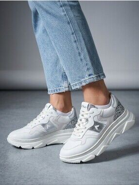 Stylish Leather White & Silver Modern Sneakers